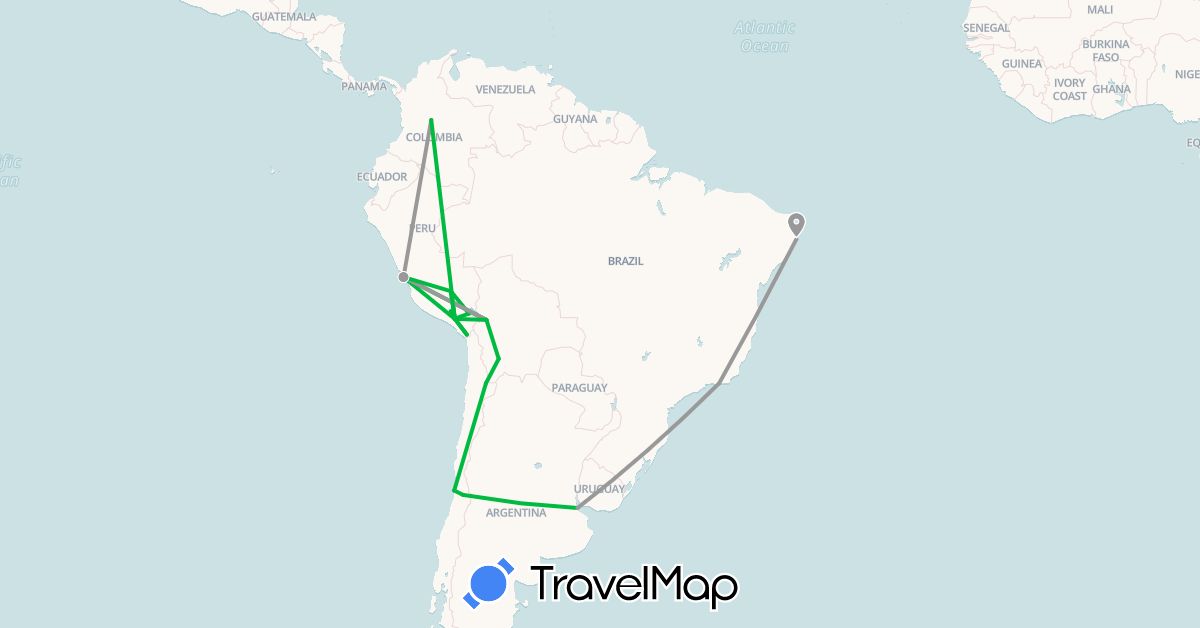 TravelMap itinerary: driving, bus, plane in Argentina, Bolivia, Brazil, Chile, Colombia, Peru (South America)